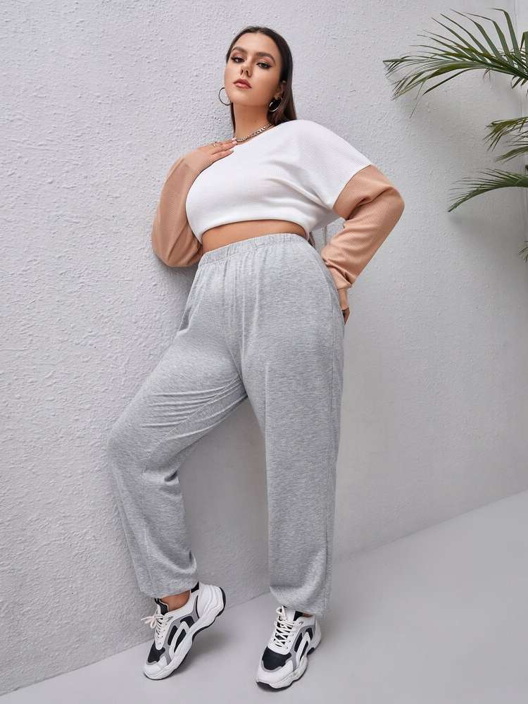 Plain Regular Fit Black Plus Size Sweatpants 6552