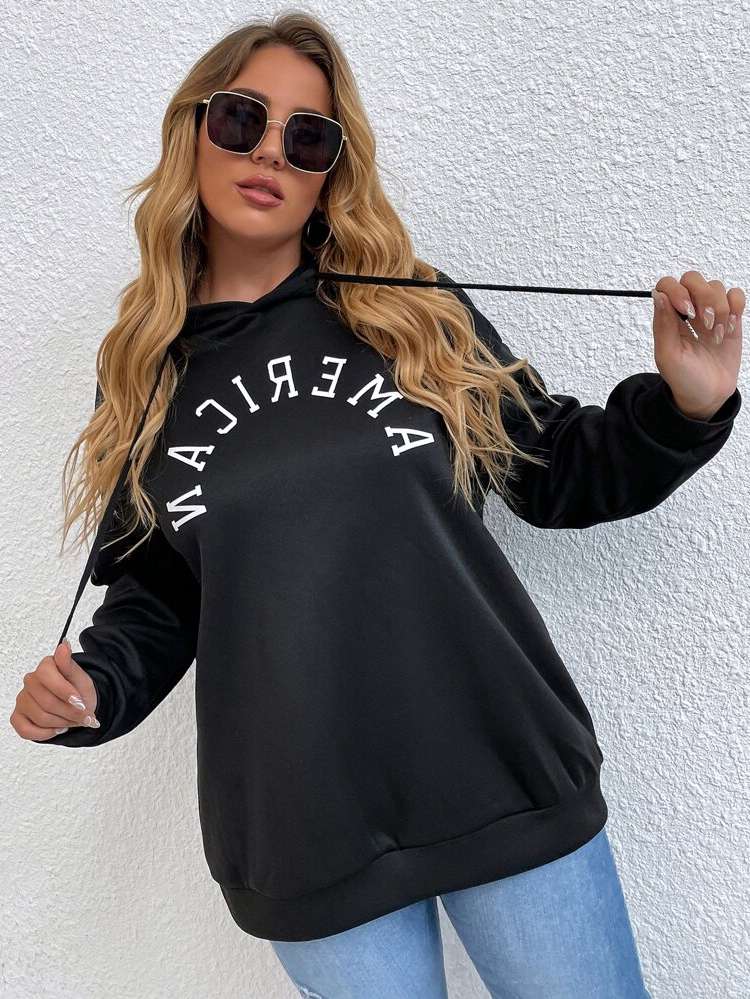 Letter Drawstring Hooded Long Sleeve Plus Size Sweatshirts 213