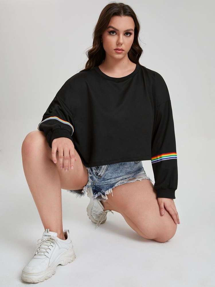 Black Round Neck Casual Tape Plus Size Sweatshirts 1409