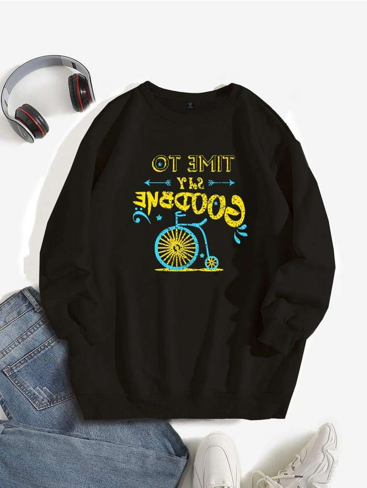 Regular Black Graphic Plus Size Sweatshirts 349