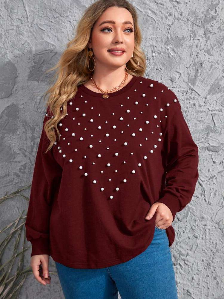  Beaded Round Neck Black Plus Size Sweatshirts 8660