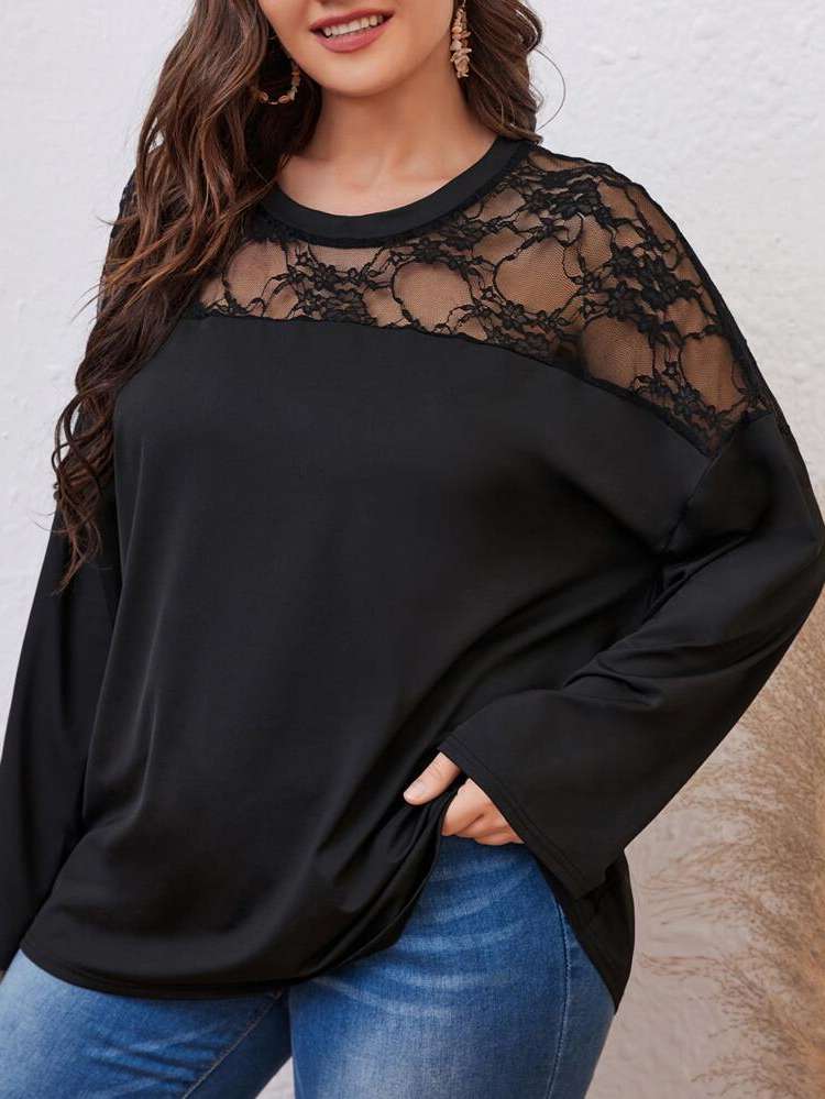  Contrast Lace Round Neck Black Plus Size T-shirts 345