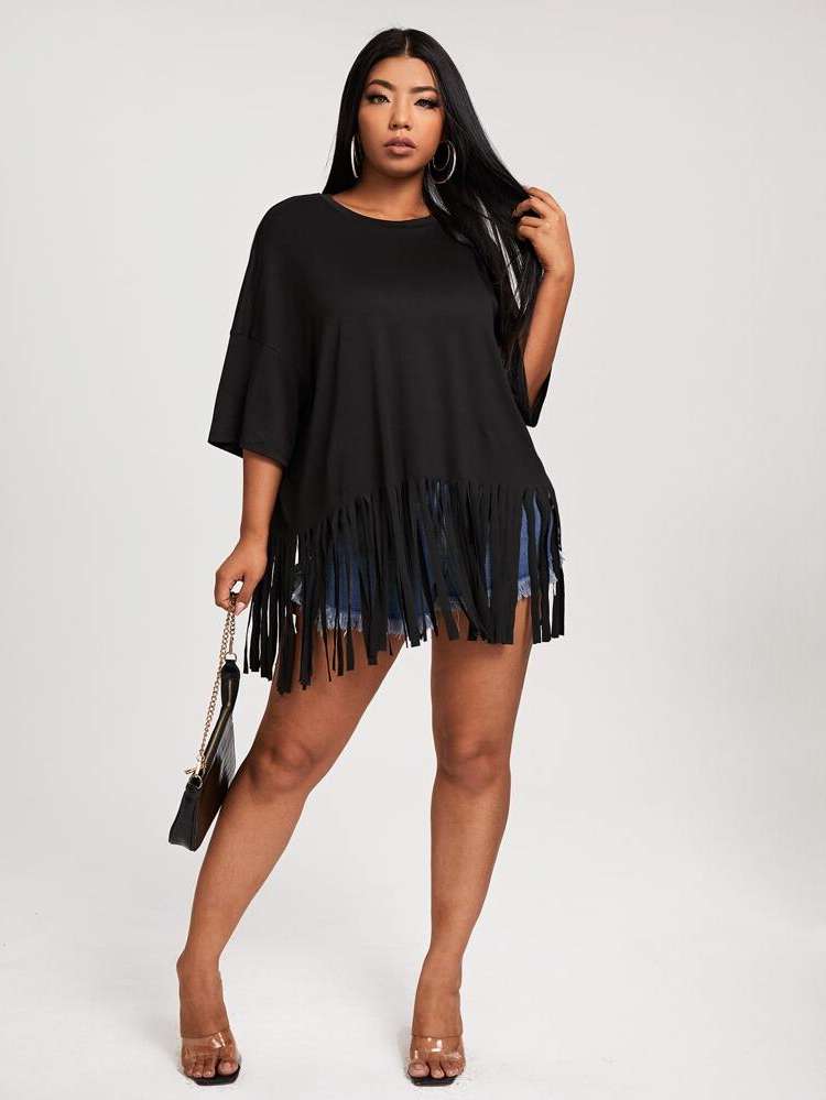 Oversized Plain Fringe Plus Size Tops 2315