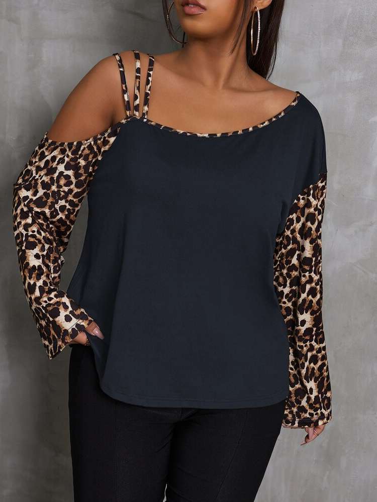 Regular Long Sleeve Leopard Plus Size T-shirts 5826