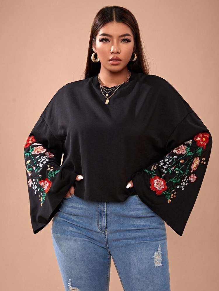 Embroidery Regular Floral Plus Size T-shirts 8637