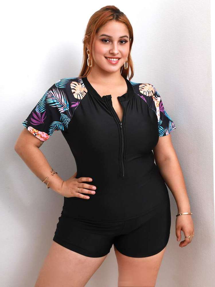 Sporty Zipper Black Plus Size Tankinis 5046