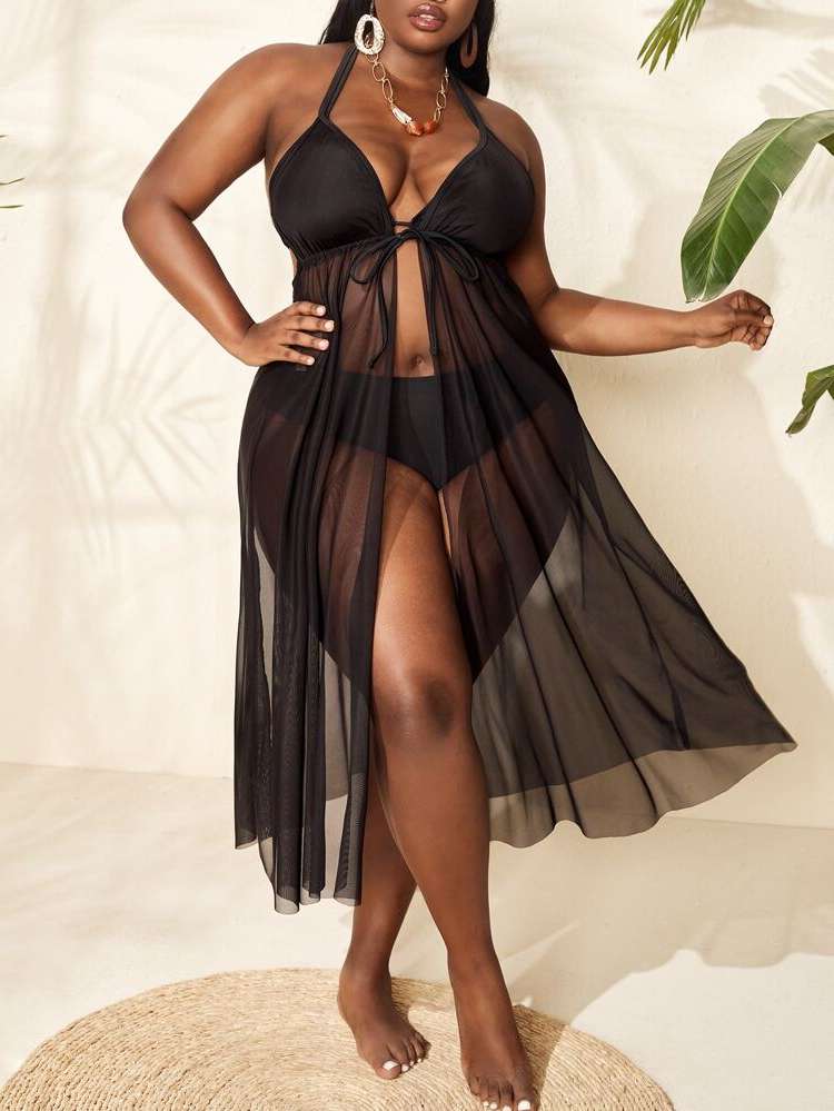 Halter Black Elegant Plain Plus Size Beachwear 9997