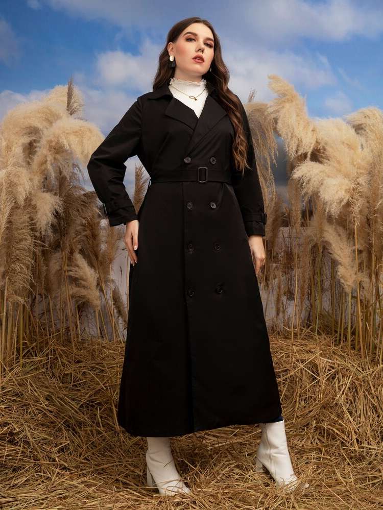 Plain Long Sleeve Elegant Plus Size Trench Coats 9621