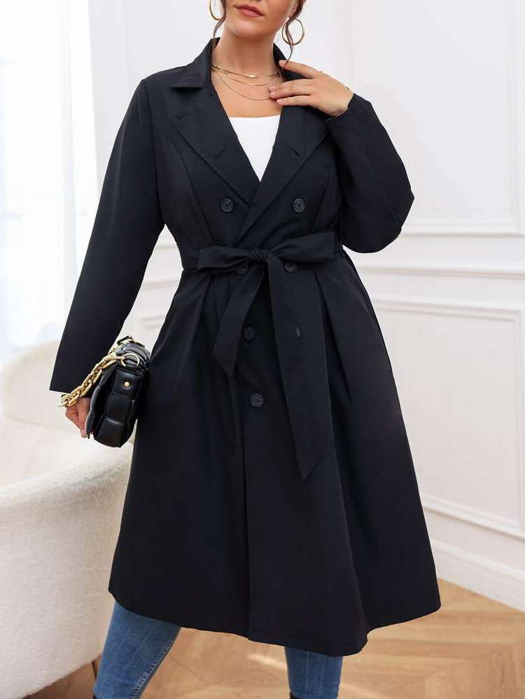 Belted Casual Lapel Midi Plus Size Trench Coats 8591