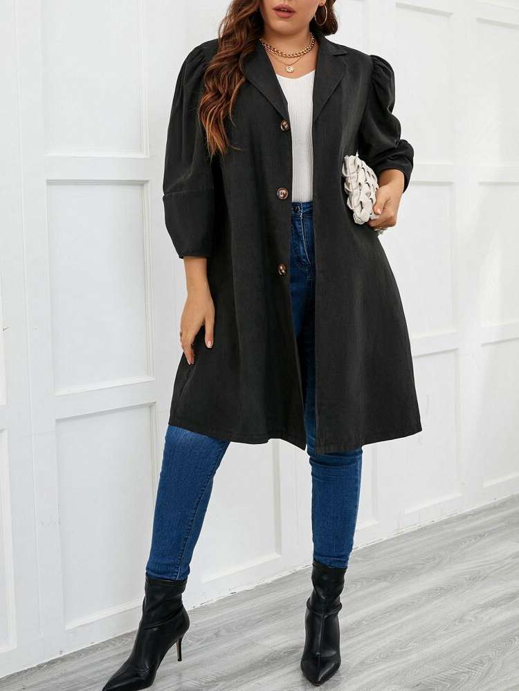 Knee Length Lapel Button Front Casual Plus Size Trench Coats 6068