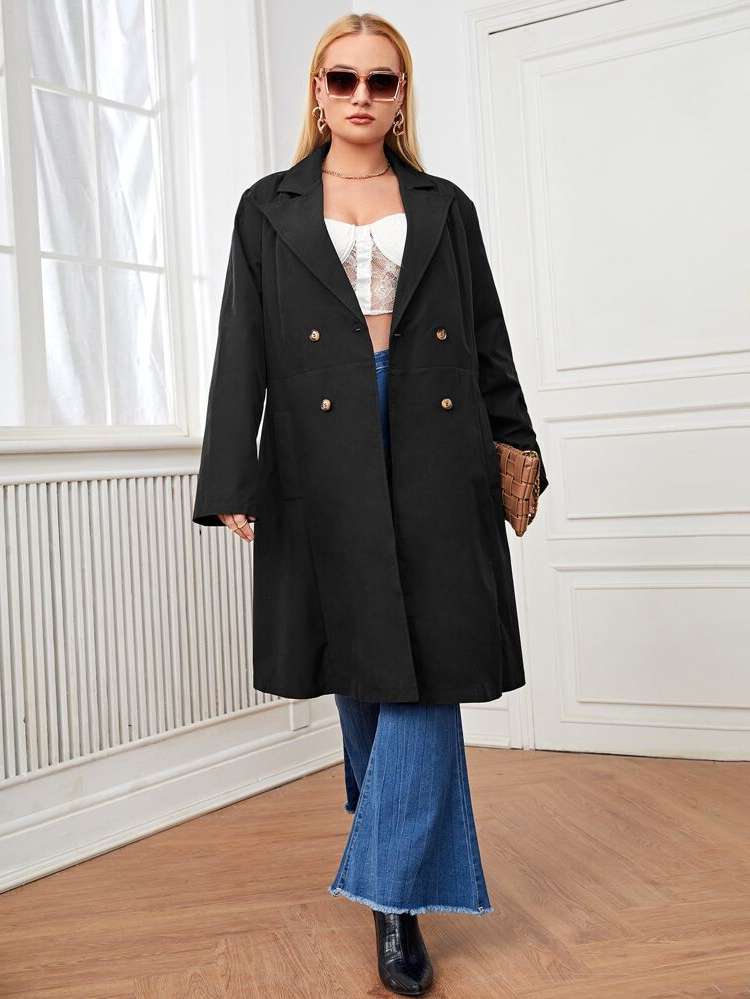 Long Sleeve Black Lapel Plus Size Outerwears 5265