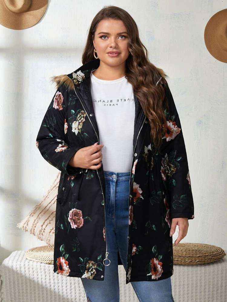  Regular Fit Long Sleeve Floral Plus Size Winter Coats 1879