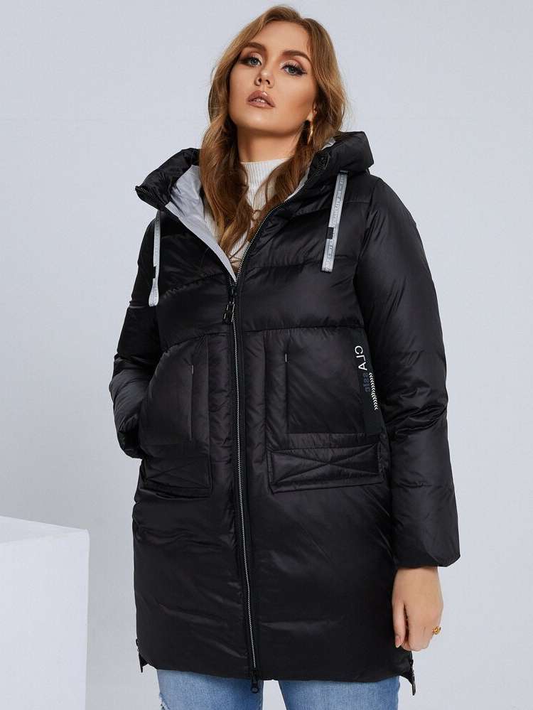 Drawstring Black Letter Short Plus Size Winter Coats 1498