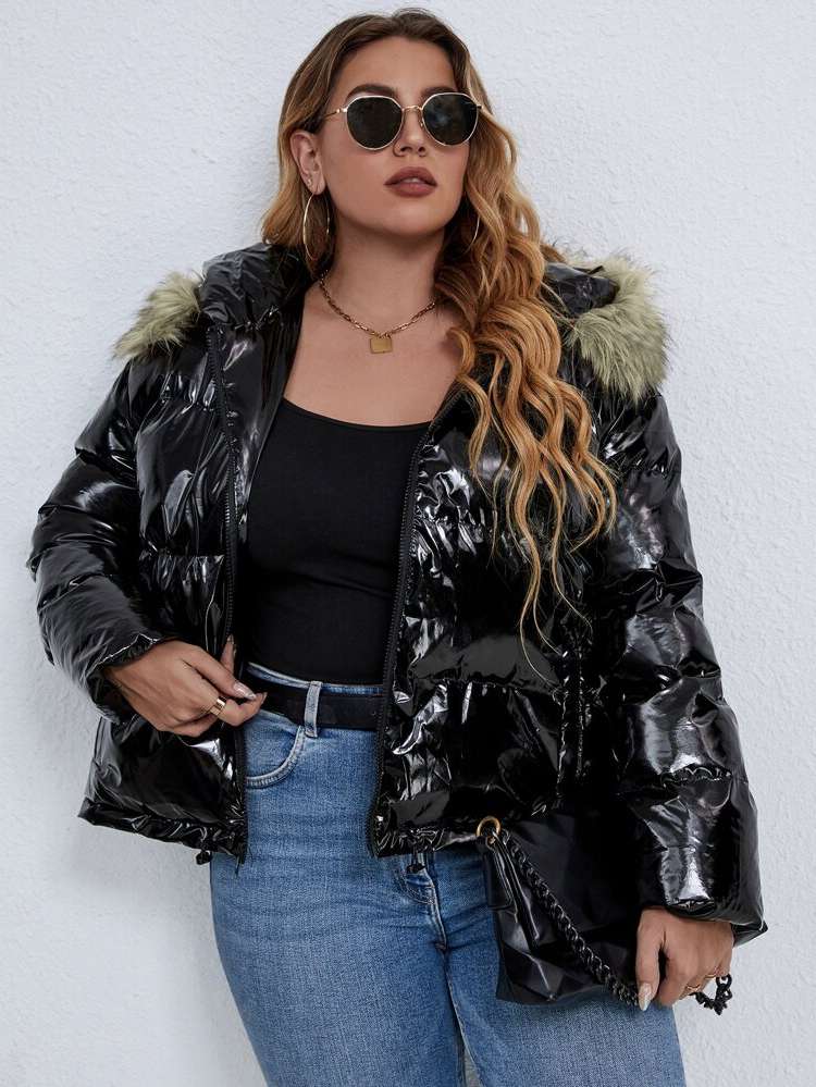 Black Regular Fit Contrast Faux Fur Regular Plus Size Winter Coats 5876