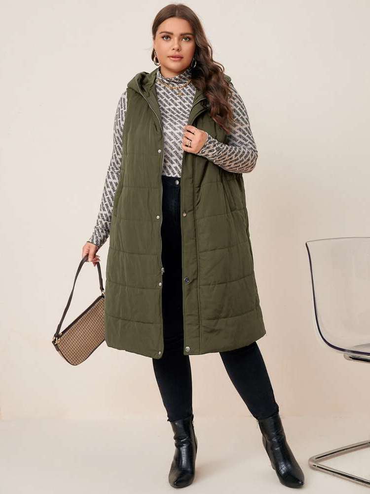 Black Sleeveless Knee Length Plus Size Winter Coats 4267