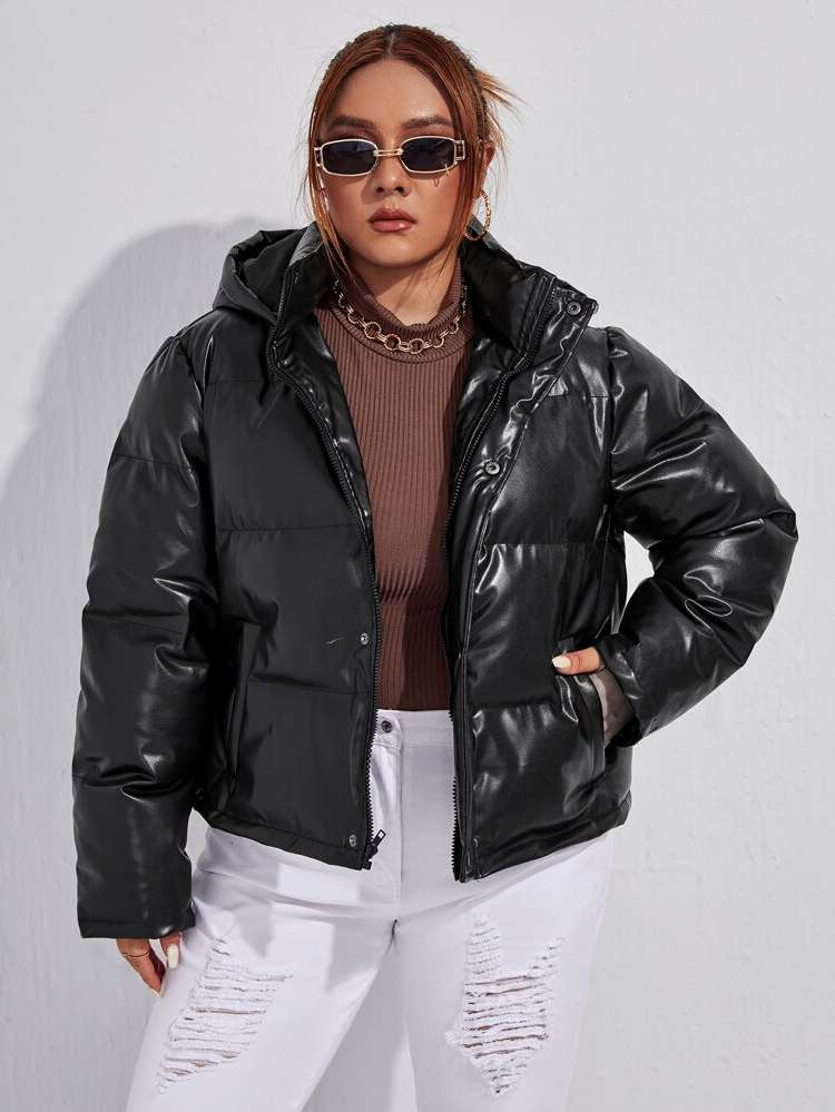 Pocket Hooded Black Crop Plus Size Winter Coats 1887