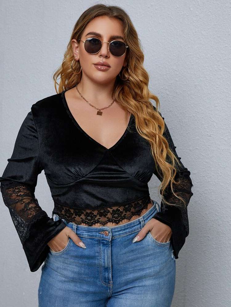 Long Sleeve Slim Fit Black Crop Plus Size Women Tops 4803