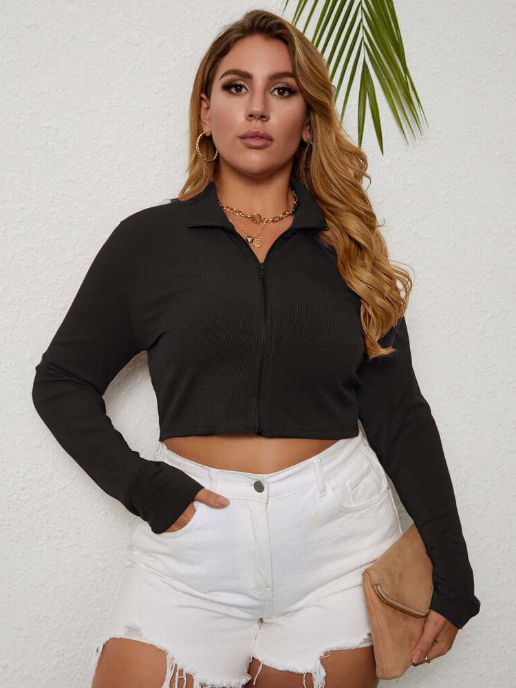 Plain Long Sleeve Collar Crop Plus Size Tops 2286