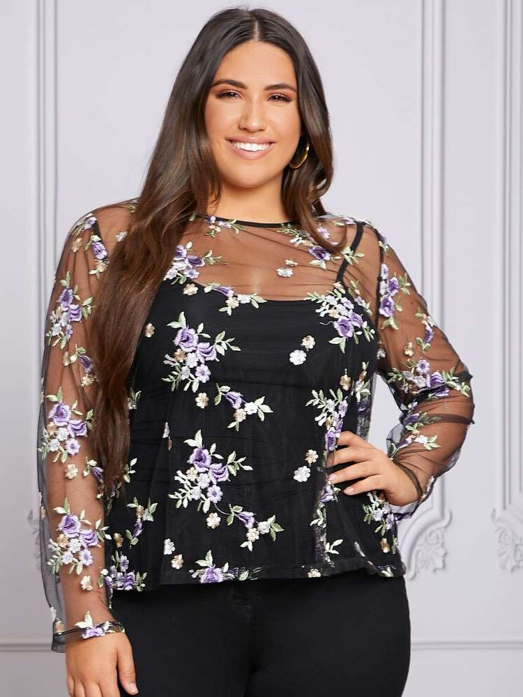 Embroidery Sexy Floral Plus Size Women Tops 9967