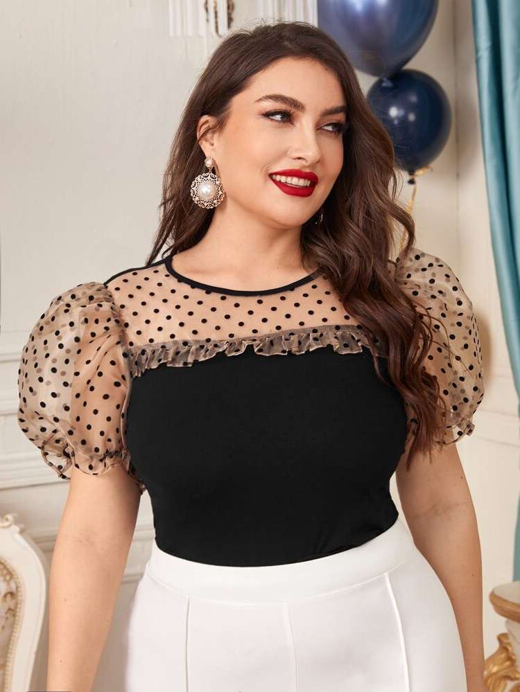  Regular Contrast Mesh Black Plus Size Women Tops 3527