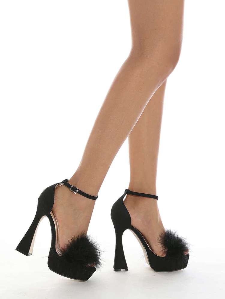 Plain Contrast Faux Fur Fashionable Black Women Sandals 305