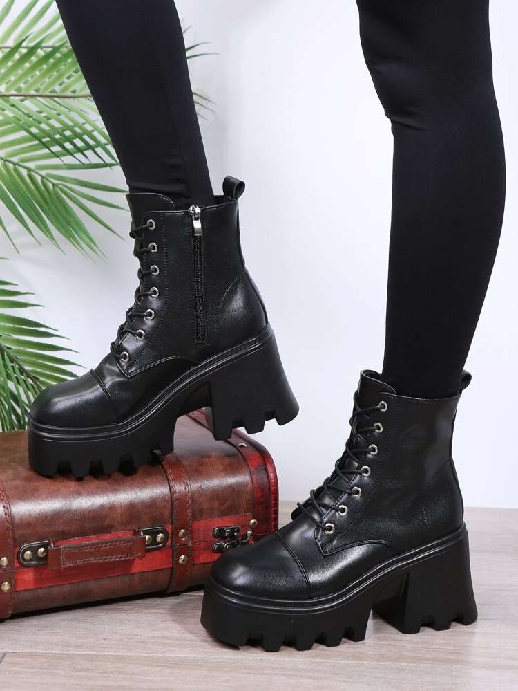  Lace Up Plain Women Boots 801