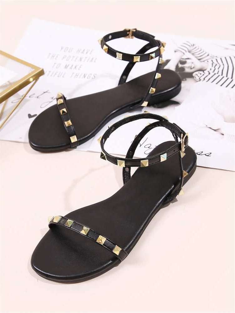 Black Punk Studded Plain Women Shoes 9731