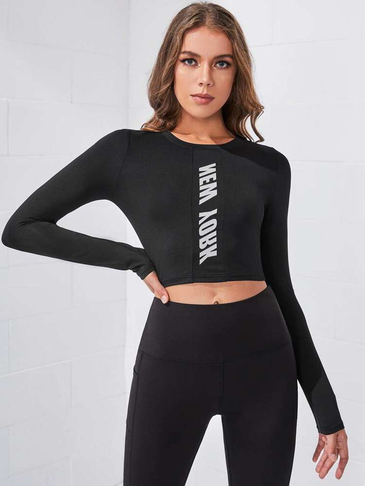 Round Neck Slim Fit Letter Crop Women Active Tops 357