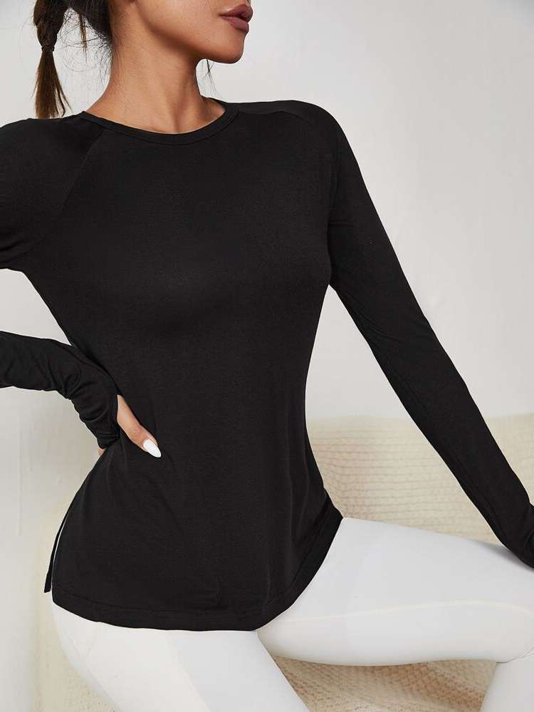 Split Plain Long Sleeve Women Active Tops 8847