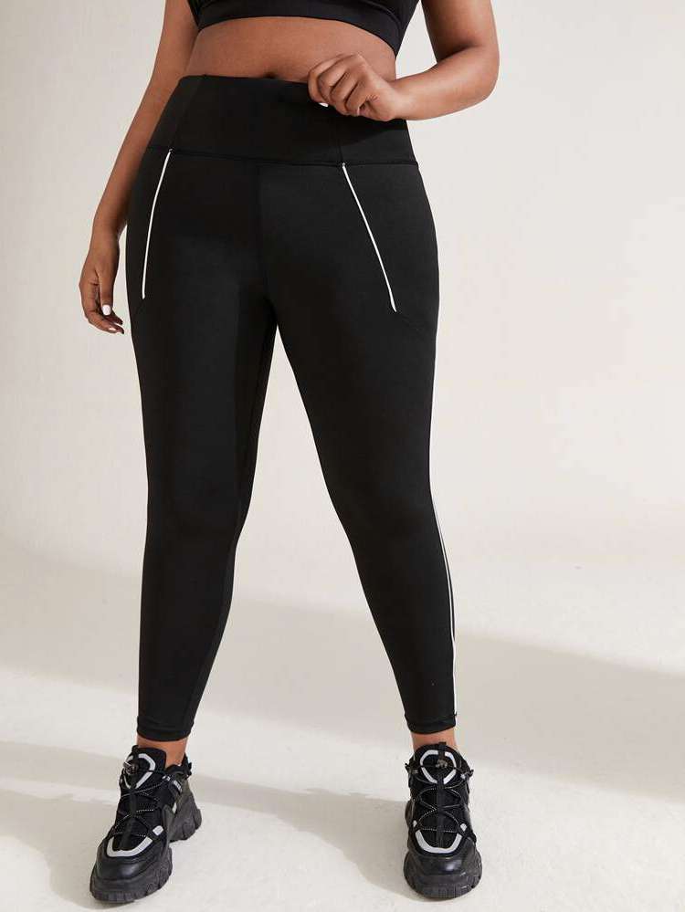 Contrast Binding Skinny Cropped Women Plus Activewear 3940