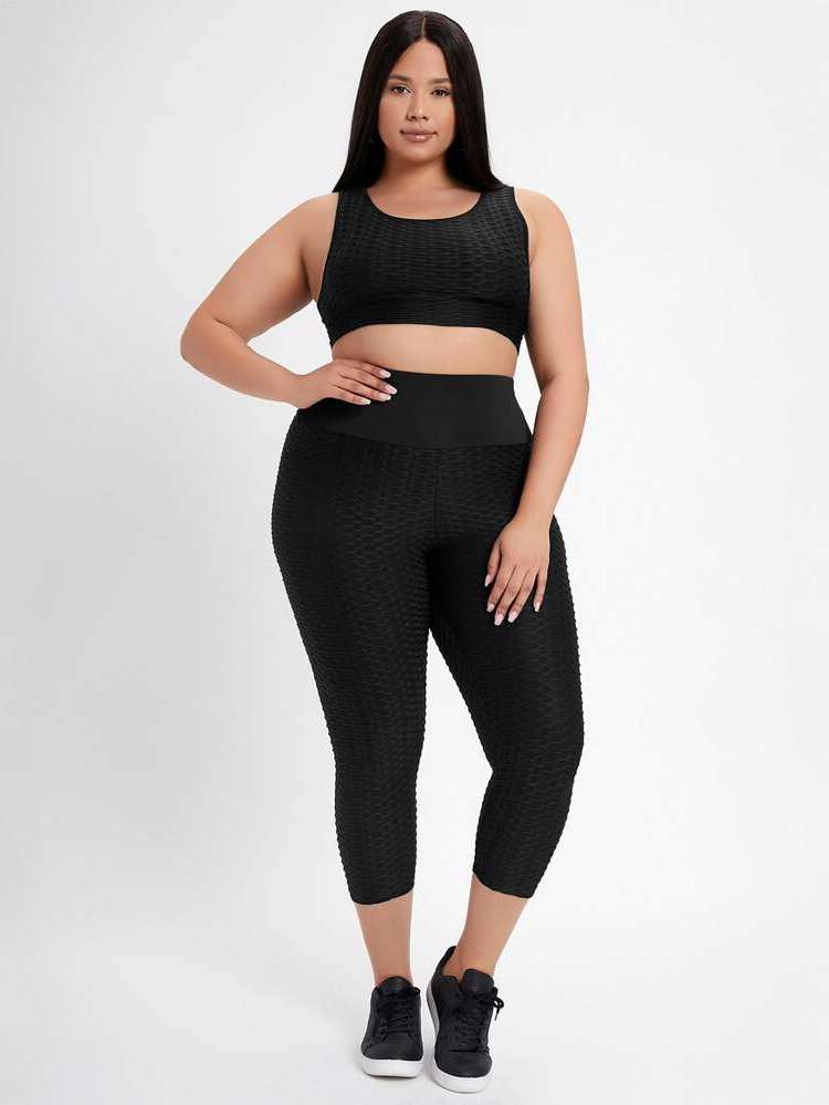 Scoop Neck Black  Plus Size Sports Sets 7067