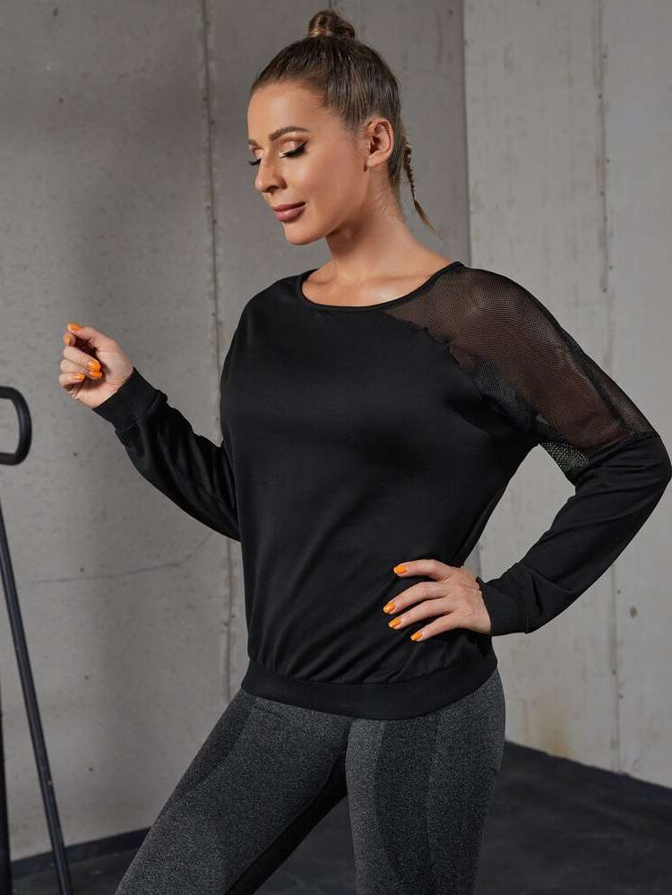  Round Neck Black Women Active Tops 5730