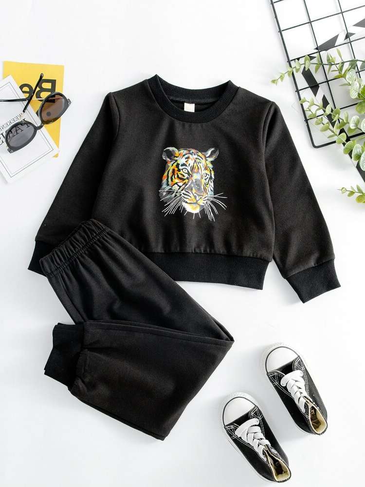 Long Sleeve Round Neck Black Toddler Boy Two-piece Outfits 531