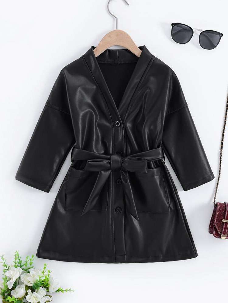 Long Sleeve Belted Long Toddler Girl Coats 3584