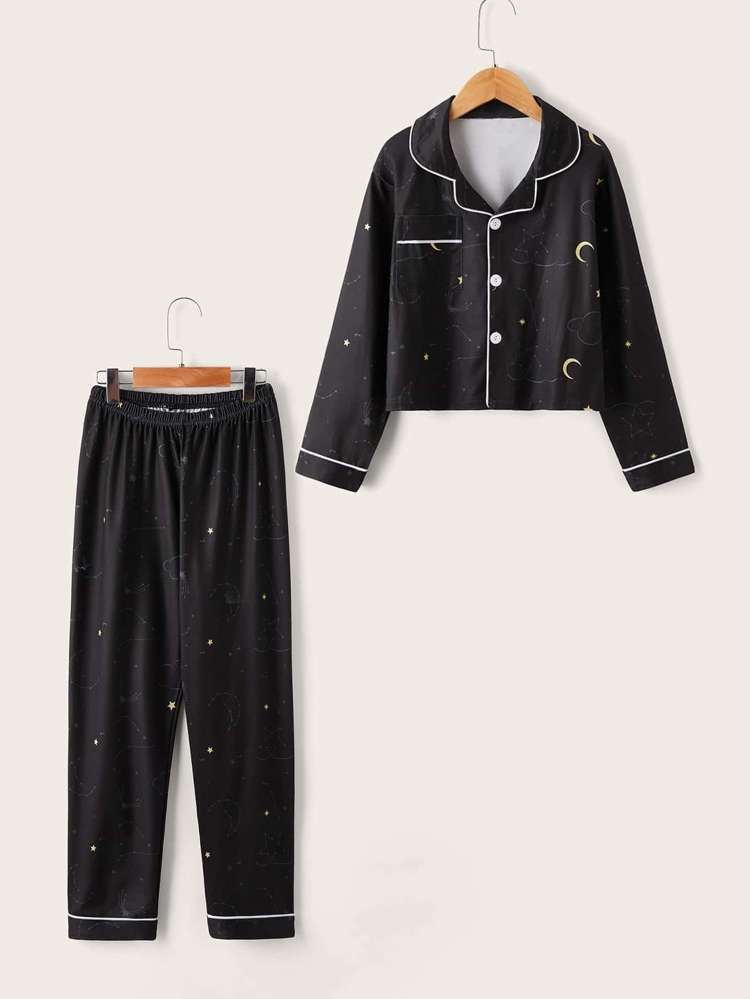 Long Sleeve Lapel Galaxy Girls Loungewear 977