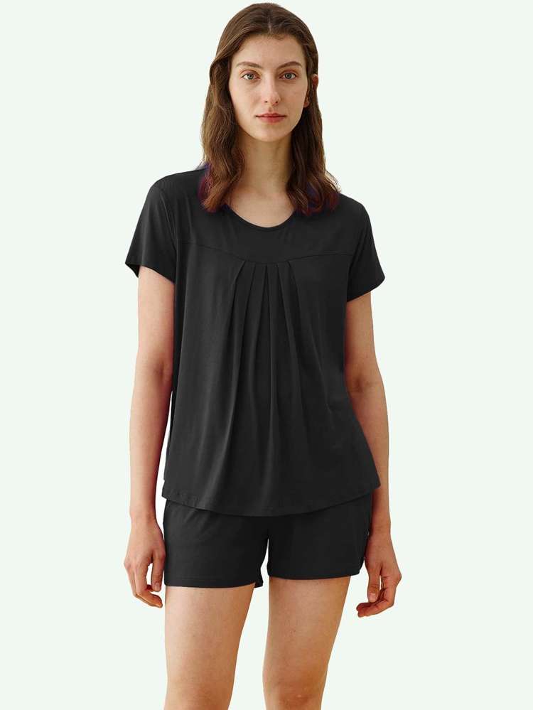  Black Round Neck Plain Women Sleepwear 1861