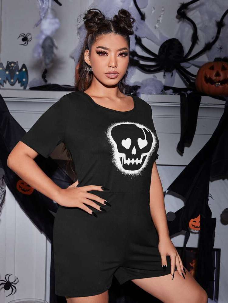 Casual Short Sleeve Halloween Plus Size Sleep Jumpsuits 3779