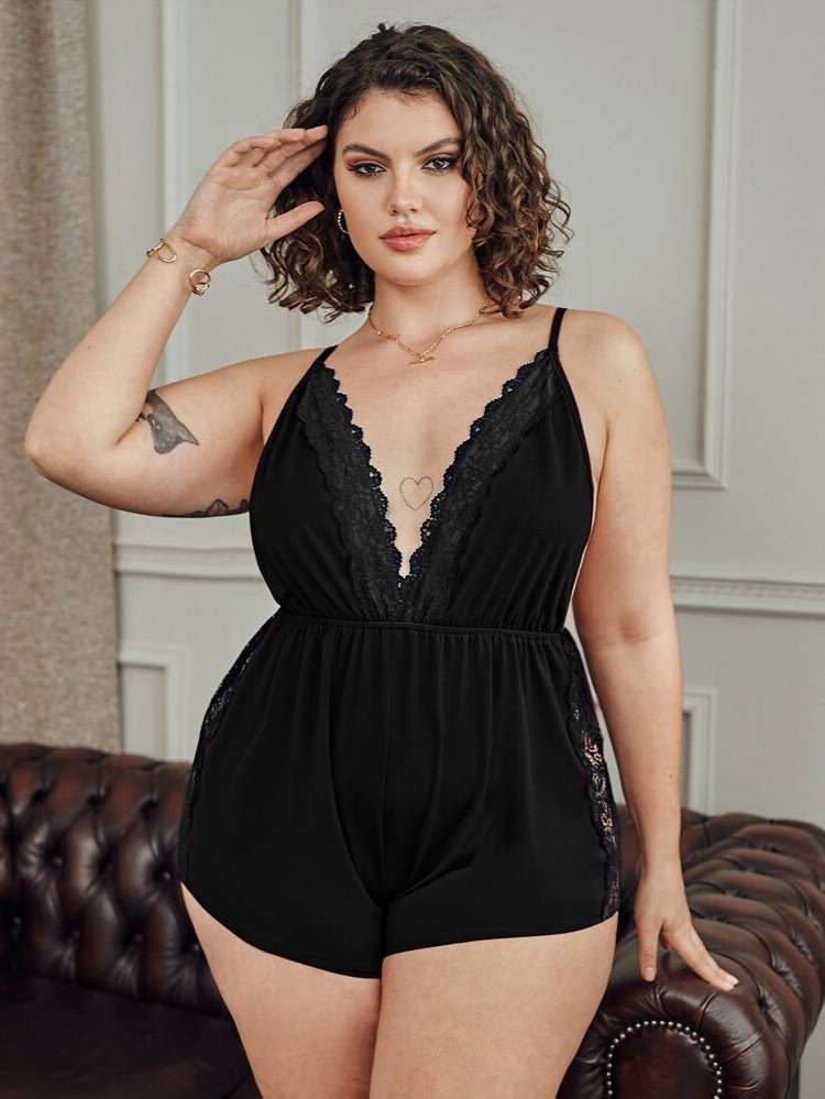 Black Backless Sleeveless Plus Size Sleep Jumpsuits 506