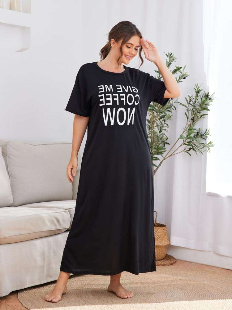 Casual Black Slogan Women Plus Sleep  Lounge 780