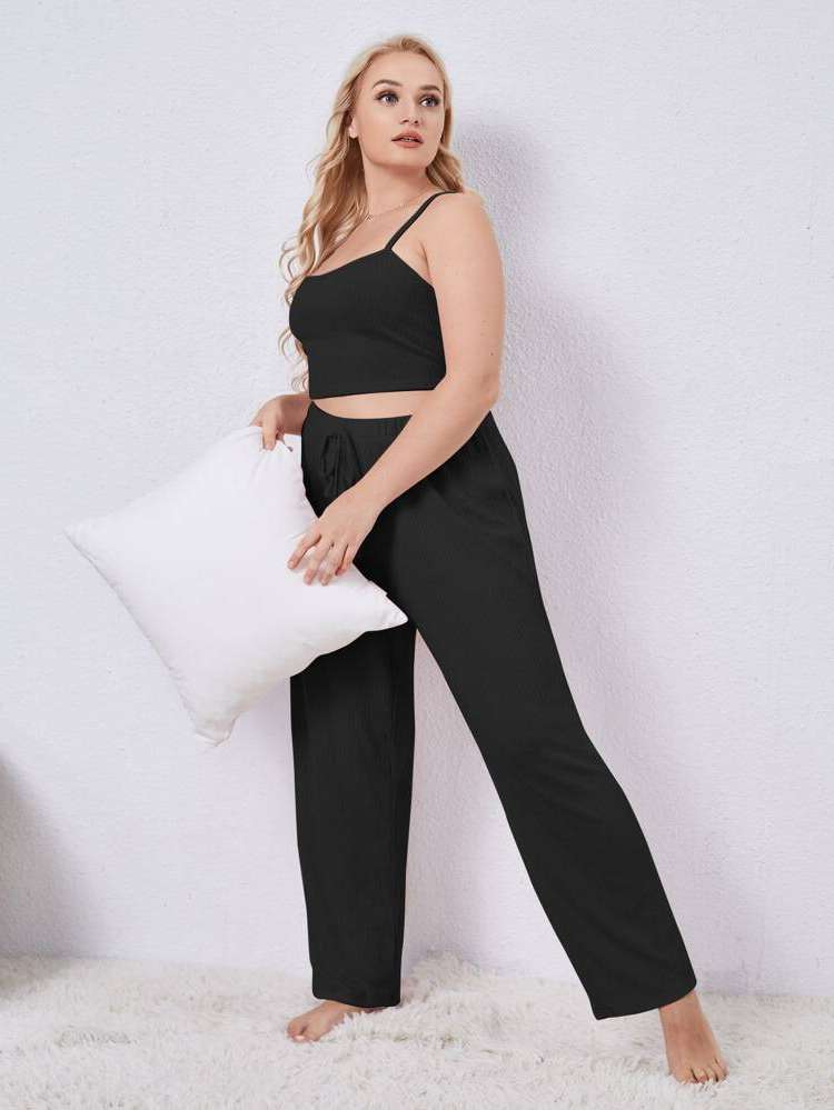  Black Plain Spaghetti Strap Plus Size Pajama Sets 5759