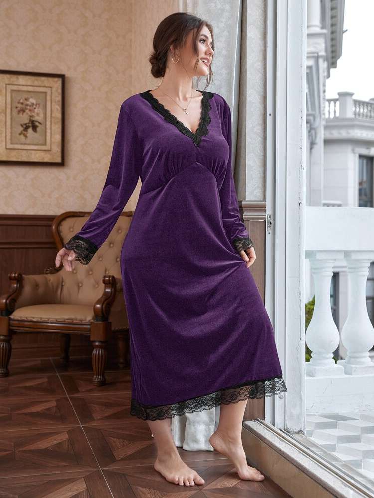  Plain Elegant V neck Women Plus Sleep  Lounge 863