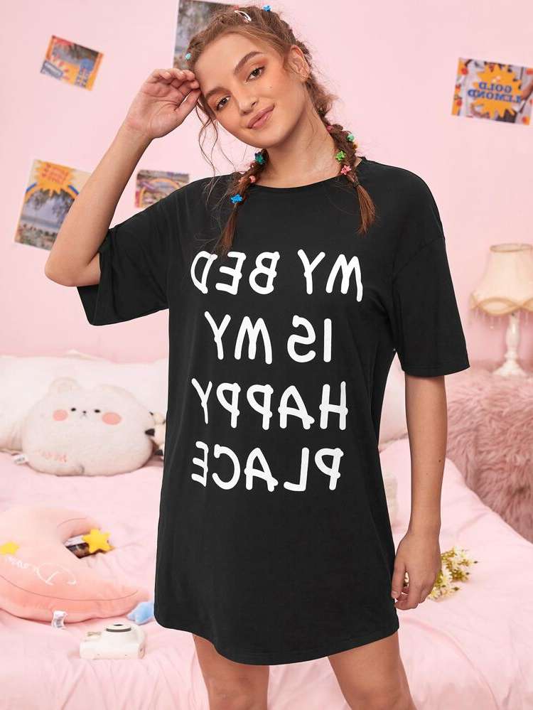 Round Neck Slogan Short Sleeve Black Women Sleepwear 9776