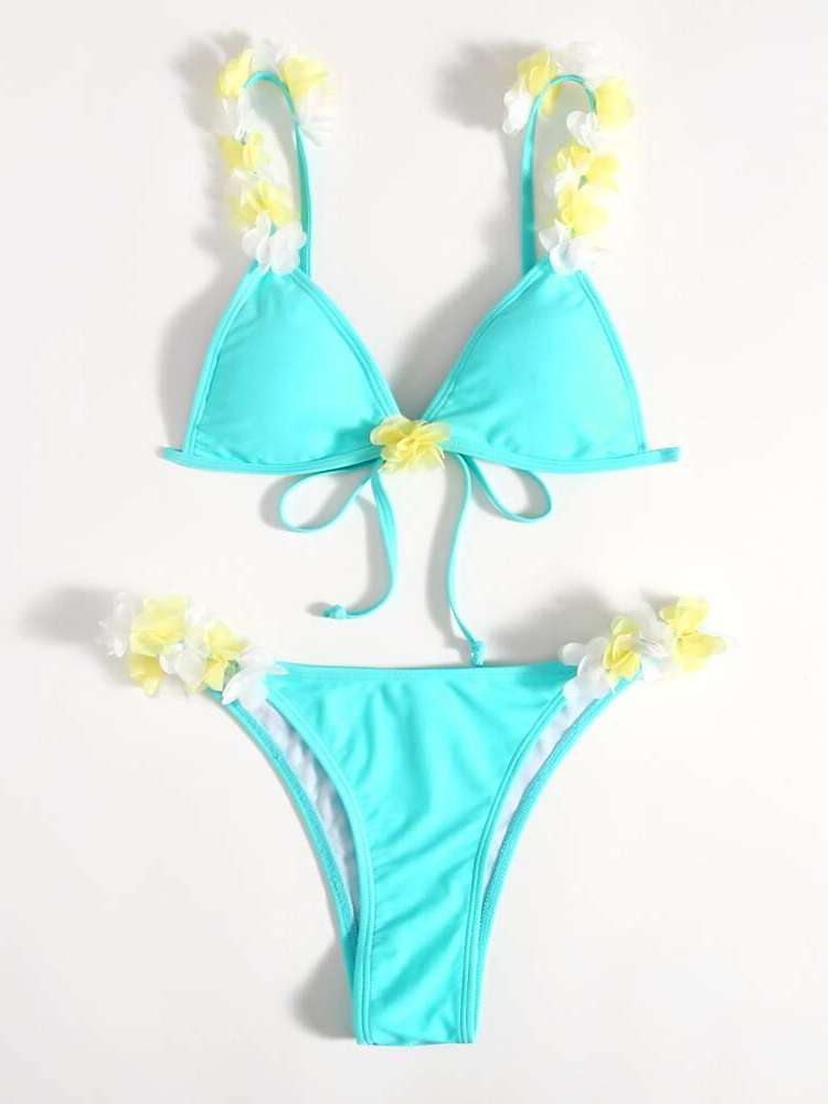 Cute Appliques Spaghetti Strap Women Bikini Sets 9054