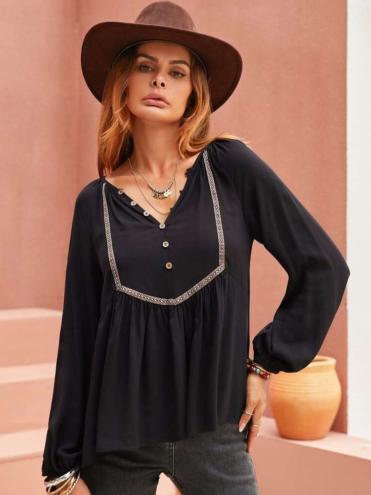 V neck Black Tape Long Sleeve Women Clothing 8536