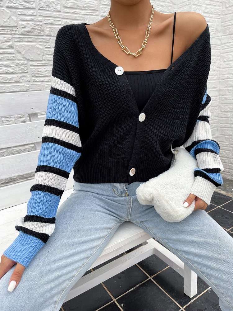  Colorblock V neck Long Sleeve Women Knitwear 7709