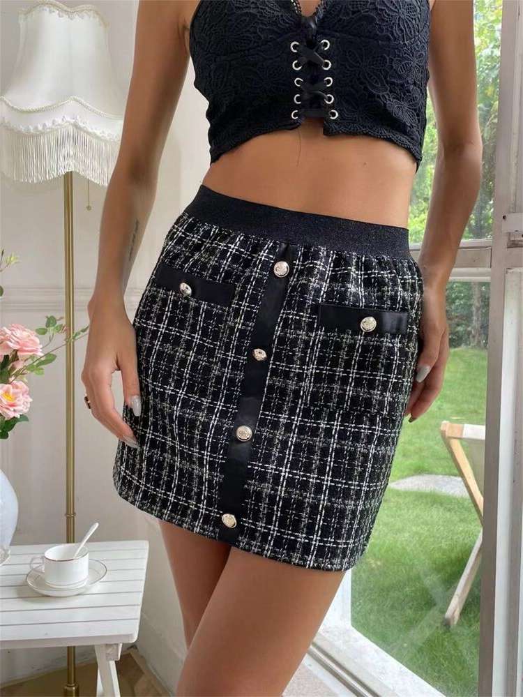 Casual Plaid Black Fake Buttons Women Bottoms 319