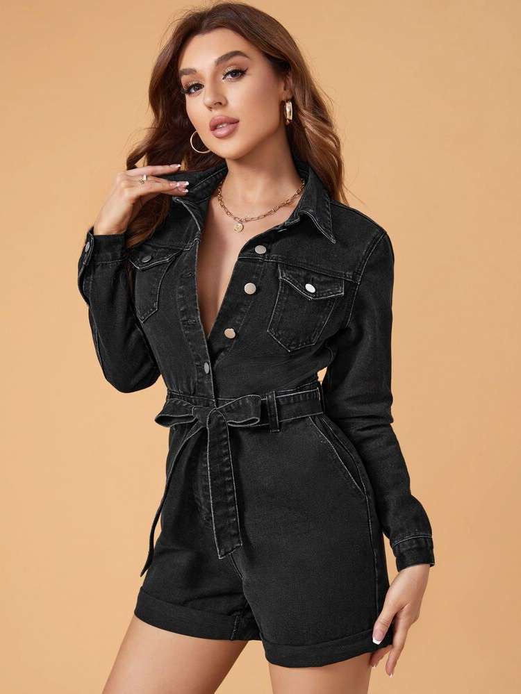 Black Collar Short Plain Women Denim Overalls  Jumpsuits 8195