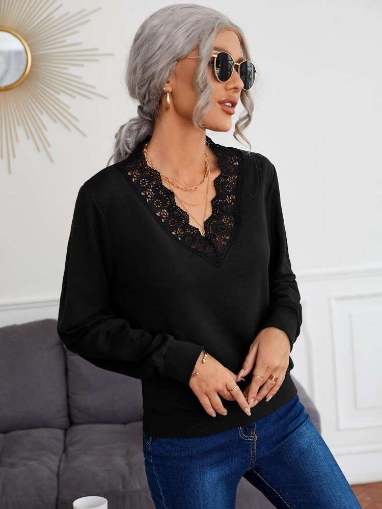 Black Long Sleeve Contrast Lace Women Clothing 505