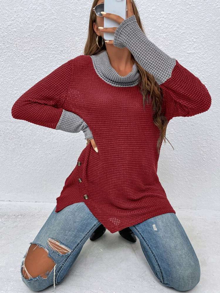 Cowl Neck Regular Fit Colorblock Long Sleeve Women T-Shirts 502