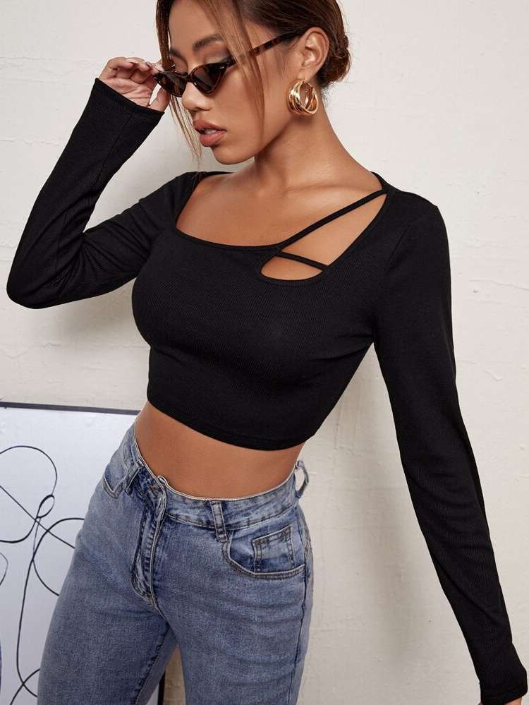 Black Asymmetrical Long Sleeve Women T-Shirts 7172